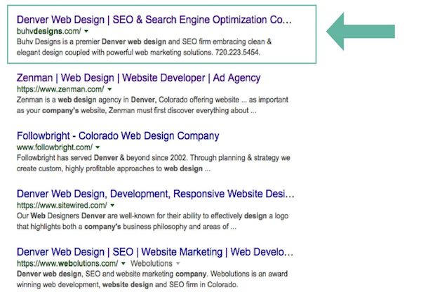 Screenshot of Google Organic Search Results - Denver Web Design - Buhv