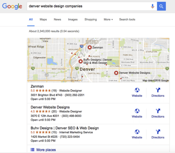 Screenshot of Google results: Denver Website Design Companies - Buhv Designs